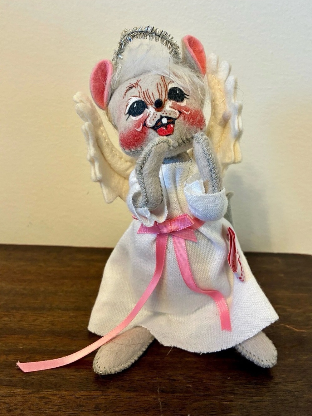 Vintage 1993 Christmas Angel Mouse Smiling Tinsel Halo White Robe